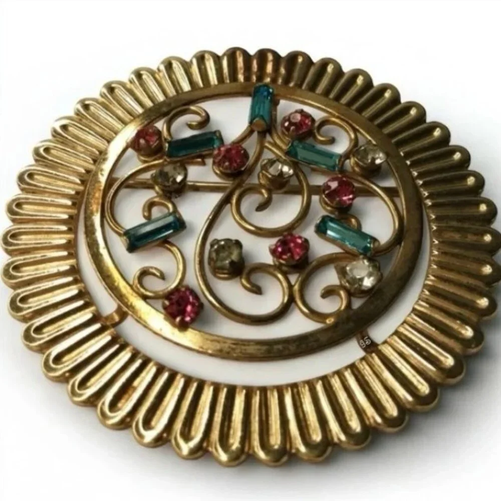 Vintage REGEL 1/20 12K GF Signed Filigree Brooch w/ Multicolor Rhinestones